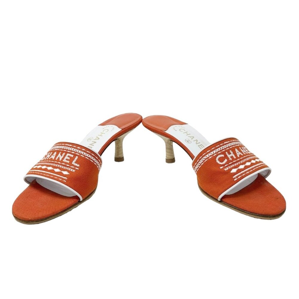 CHANEL Vintage Jacquard Logo Sandals #38.5 US7 Orange Embroidery Linen [103399] - Picture 6 of 10